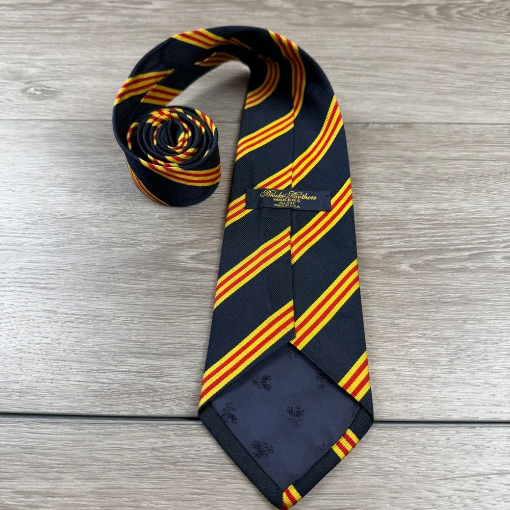 Brooks Brothers Mens Tie Makers Silk Repp Stripe Navy Blue Red Yellow OS